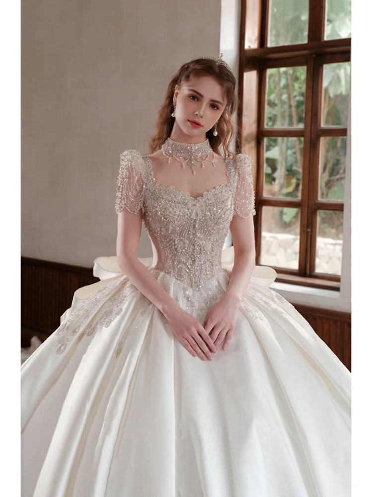 Vestido de novia principal de satén francés, modelo nuevo 2025 para novias pequeñas, artesanía de alta calidad, alta gama, talla grande, cola larga D106