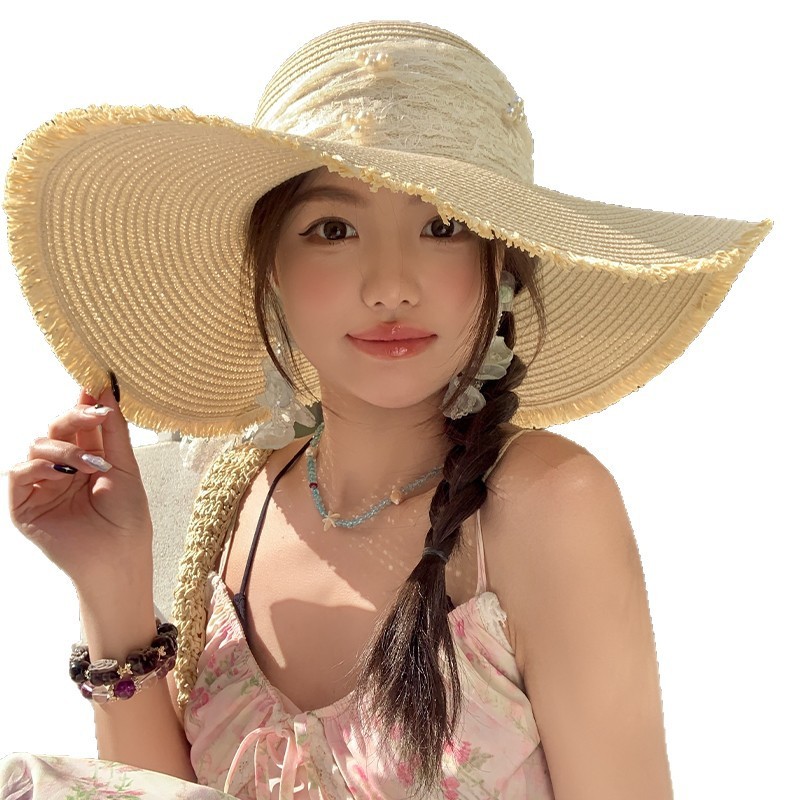 レースリボン大きなつば麦わら帽子 2025 新しい海辺のビーチ日焼け止め帽子女性の美しい日よけ帽子|undefined