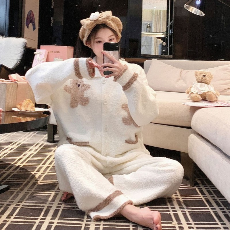 可爱小熊撞色学院风半边绒家居服开衫女装2025新款宽松睡衣可外穿|undefined