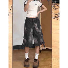 跨境热销牛仔短裤男女夏季美式嘻哈hiphop扎染系带装饰做旧五分裤