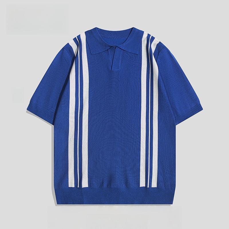 Polo camiseta de punto camiseta de manga corta hombre V-collar gaviota collar rayas verticales viejas camisetas de hielo de viento de verano fábrica transfronteriza al por mayor