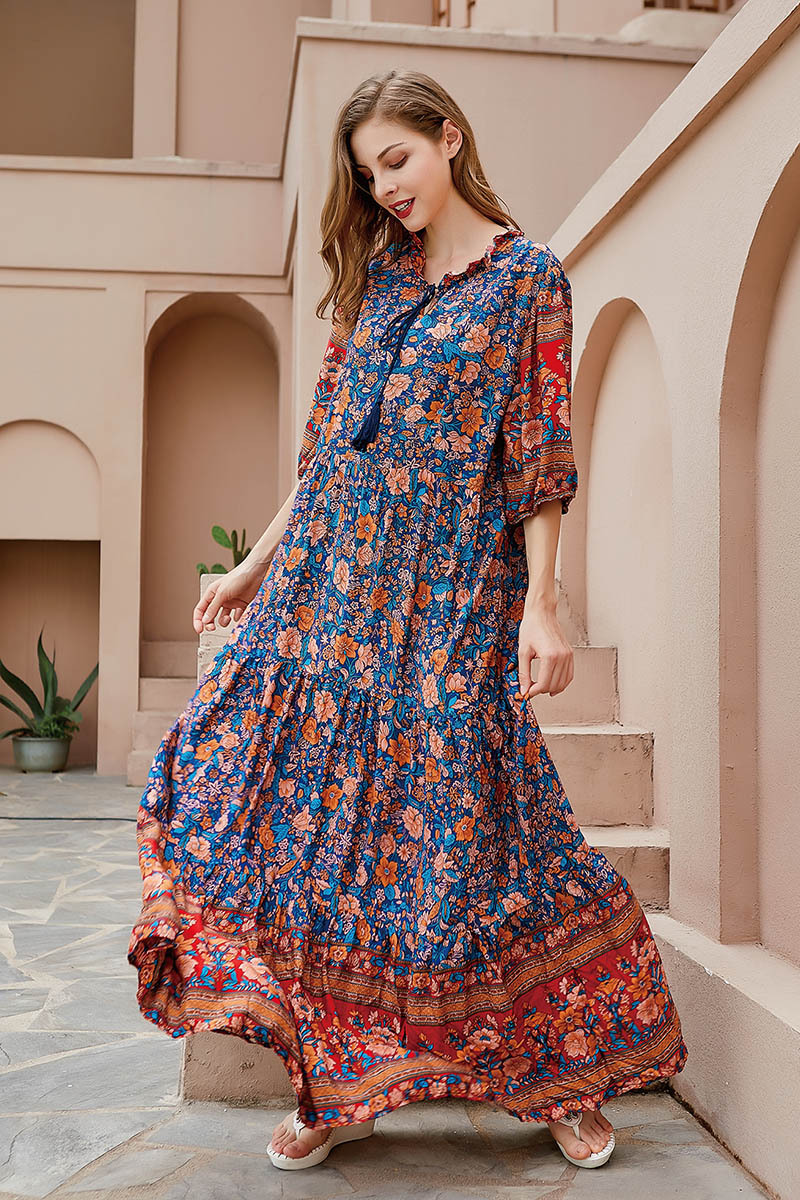 Langes Blumenkleid Für Damen Orientalischer Stil Baumwollseide_voghion.com