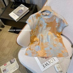 新しい中国風のシルク女性の 2025 夏半袖シャツサテン桑シルクシャツ中華民国スタイルのチャイナドレストップトレンディ