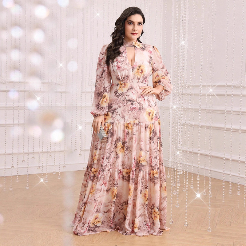 Kyp892 European and American V Neck Fashionable and Elegant Ice Silk Printed Large Size Dress with Waist and Knee-Length Skirt