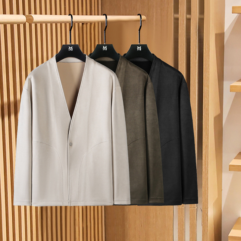 High-Quality Stretch Suede Men's Spring and Autumn Loose Dark Buckle Cloak Casual Jacket Cardigan Coat 66190