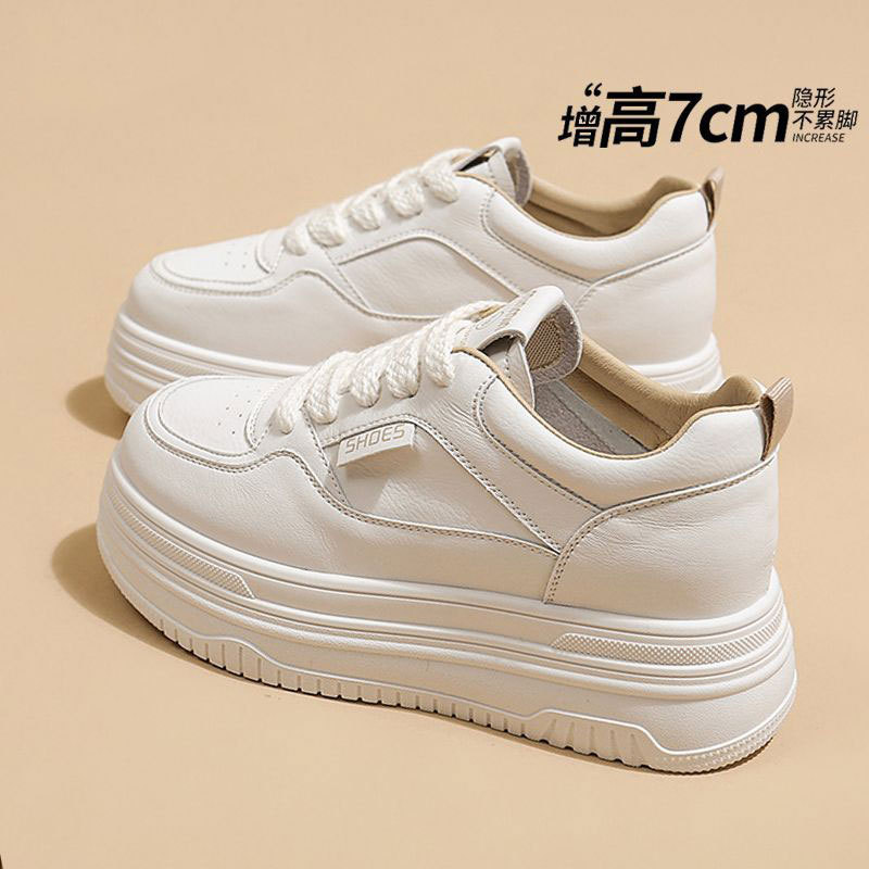 Genuine Leather Height-Increasing Trendy White Sneakers for Women, 2026 Summer Versatile Sports Casual Thick-Soled Shoes for Petite Women
