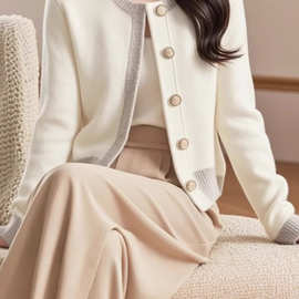 小香风拼色针织毛衣外套女2025早春新款韩版洋气减龄软糯开衫上衣