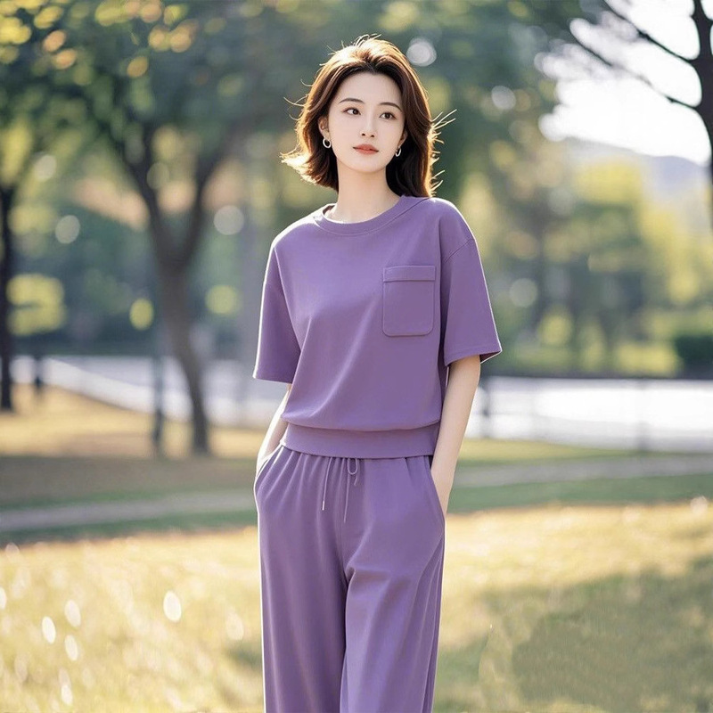 夏の新しい韓国スタイルの女性のカジュアルで多用途なスポーツスーツ、ゆったりとした半袖Tシャツ、ワイドレッグパンツ、2点セット、トレンディ|undefined