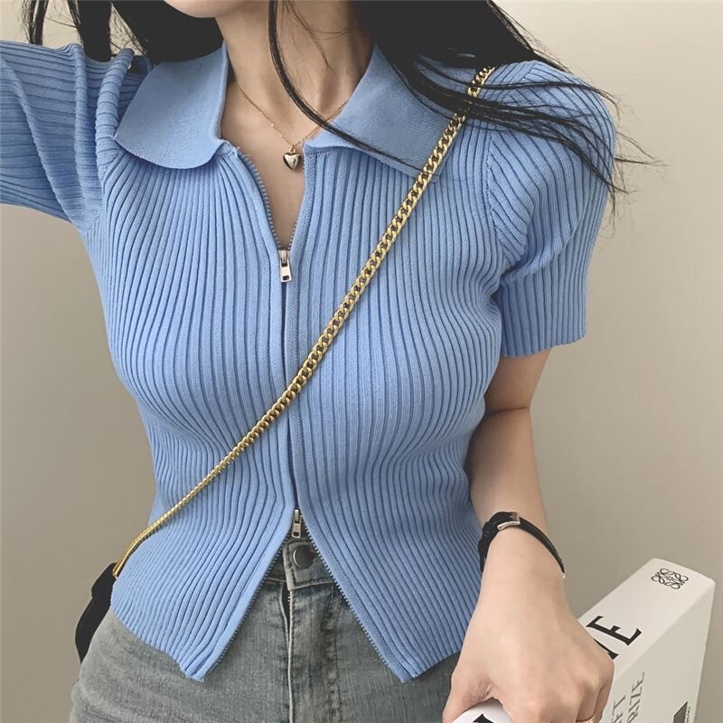 Women's Knitwear Autum Japanese and Korean New Style 2025 Popular Bottoming Shirt Design Niche Double Zipper Cardigan Short Style Women's Knitwear Autum Japanese and Korean New Style 2025 Popular Bottoming Shirt Design Niche Double Zipper Cardigan Short Style
