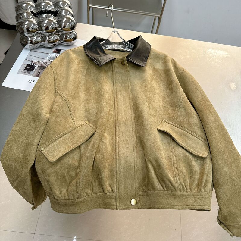 秋冬新品韩版复古美拉德麂皮绒翻领拆卸圆领两穿夹克式机车外套女|undefined