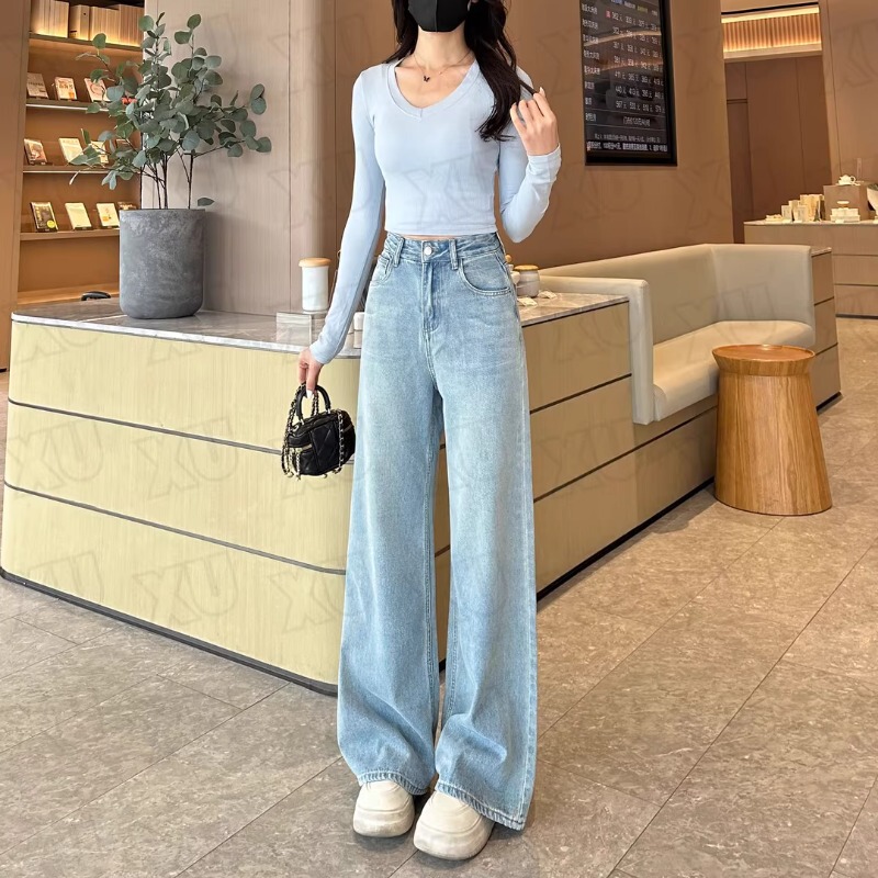 2025 クラウドブルー新鮮で多用途な春と夏のスリムワイドレッグジーンズ女性のハイウエストストレートパンツスパンデックスシルバースクエアパンツ|undefined