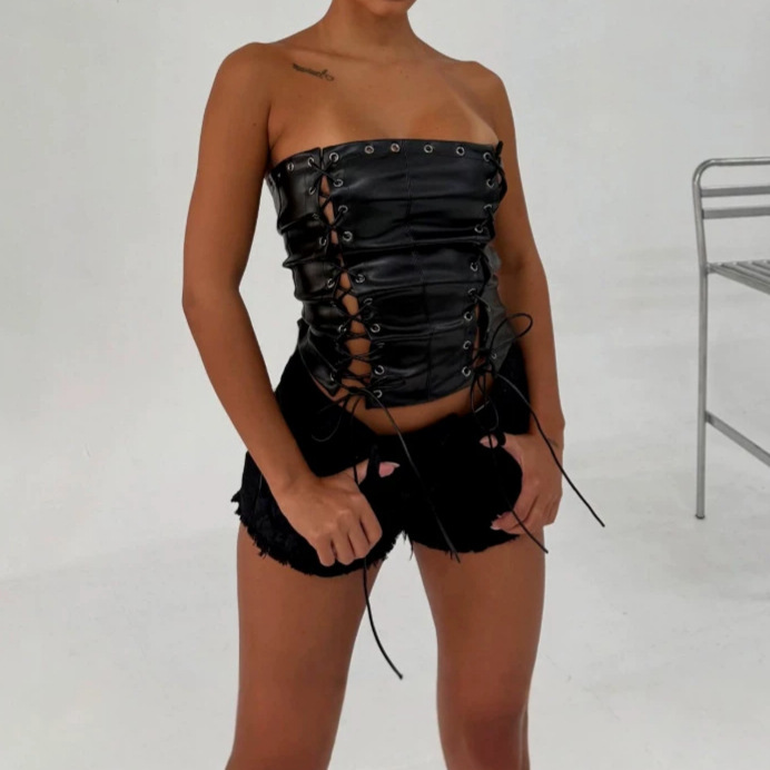 Cross-Border European and American 2026 New Fashion Retro Pu Leather Strapless Top, Sexy Slim-Fit Tank Top
