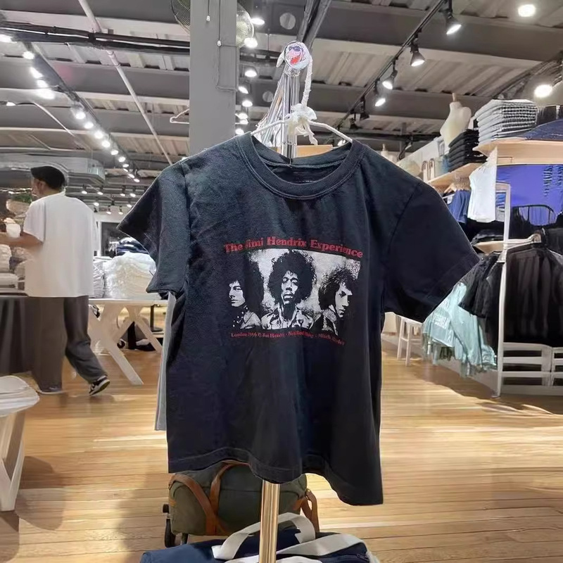 bm New American ReTro ShorT-sleeved Rock Band PrinTed Black T-shirT Women's bm Sexy Round Neck Top