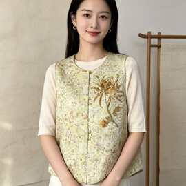 2026秋季新中式提花马甲中年妈妈单排扣圆领无袖坎肩宽松显瘦背心