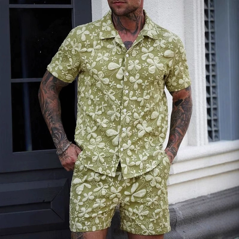 Мужской повседневный модный универсальный комплект: рубашка с кубинским воротником и принтом, дышащая, идеально подходит для путешествий на природе.