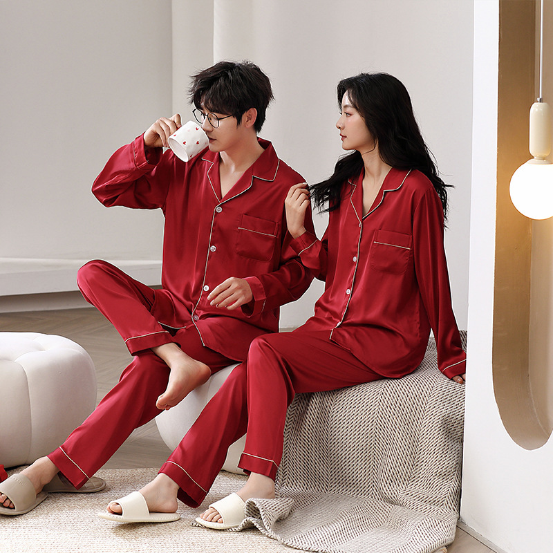 Han Yatong Couple Pajamas Cardigan suit Satin Ice Silk Spring and Summer New Solid Color Outwear for Men and Women