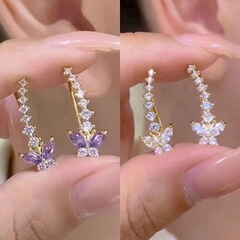 气质白色/紫色蝴蝶耳排耳环女小众设计精致百搭耳钉感个性耳饰