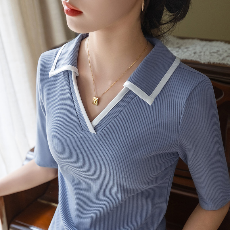 Camiseta modal de manga corta para mujer verano 2023 nueva camiseta de manga media con cuello de polo de color de contraste para mujer temperamento Top ajustado a la cintura image 4