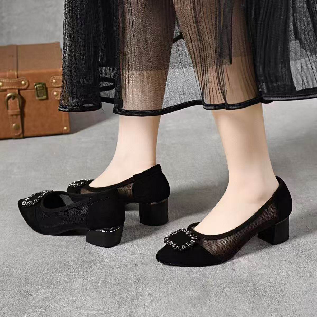 Sandal nữ mũi nhọn chất da, gót thô 3 cm, đế mềm thoáng khí — Đen 3cm chi tiết 7
