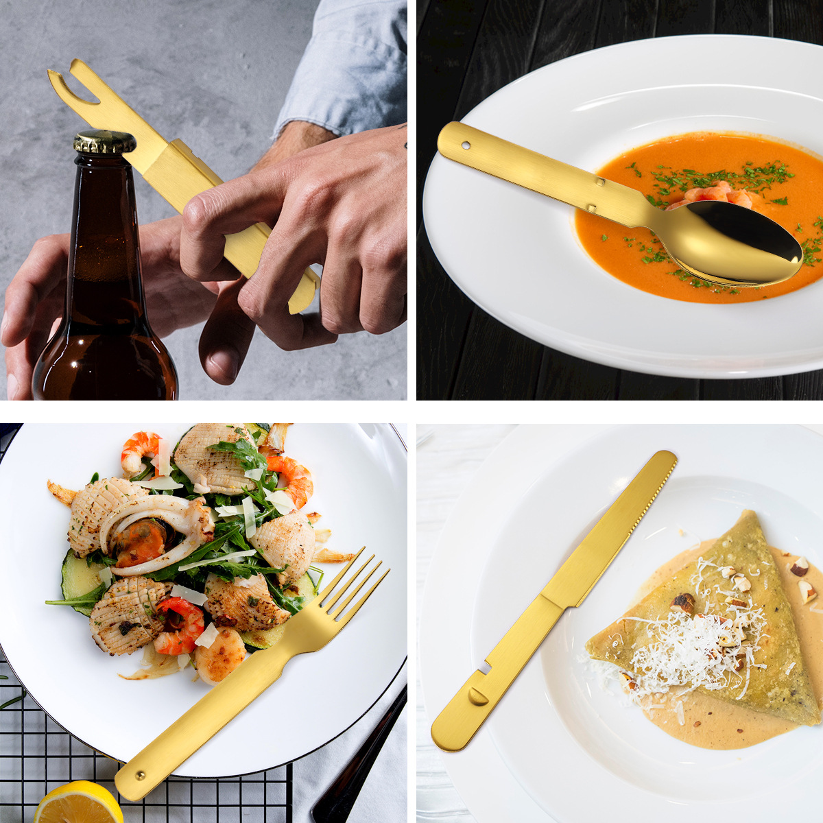 Stainless steel outdoor tableware set, travel portable, foldable, combinatorial, Western-style knife, fork, spoon, multi-functional bottle opener
