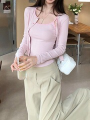 大码条纹吊带薄款防晒开衫两件套装女新款胖mm巨好看的秋装一整套