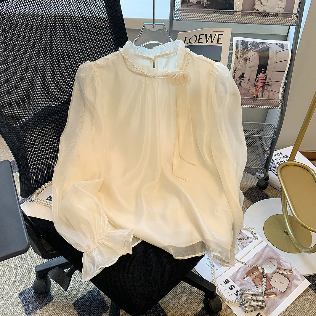 프랑스 스타일 보라색 꽃 스트랩 경적 소매 셔츠 여성의 가을 2024 세련된 아름다운 레이스 칼라 쉬폰 탑