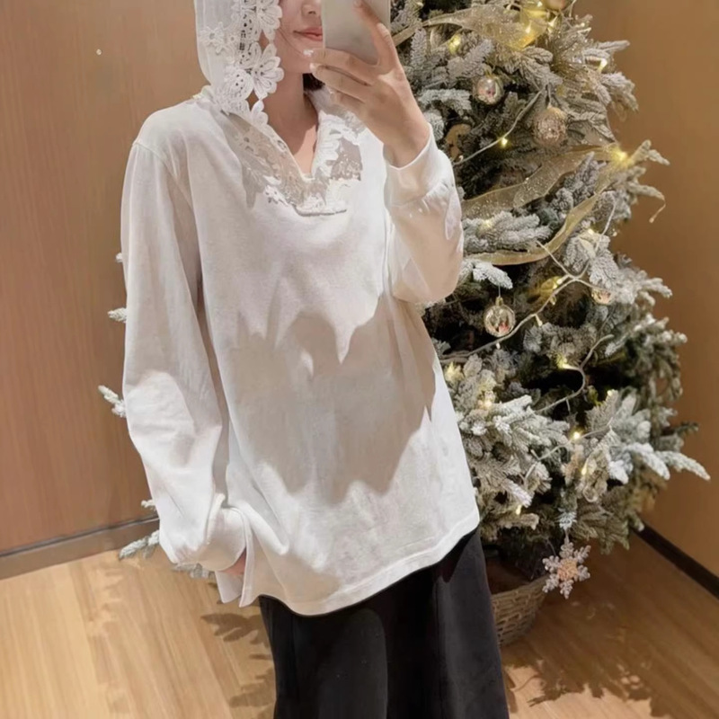 Qq Korean Style Solid Color Lace Hooded Loose White Long-Sleeve T-Shirt Hoodie 2026 Spring New Versatile Top Qq Korean Style Solid Color Lace Hooded Loose White Long-Sleeve T-Shirt Hoodie 2026 Spring New Versatile Top