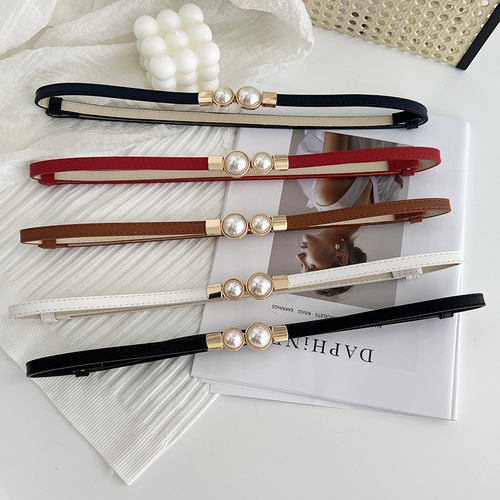 Matte black belt for women thin summer decoration with skirt versatile pearl buckle women's sweater small belt