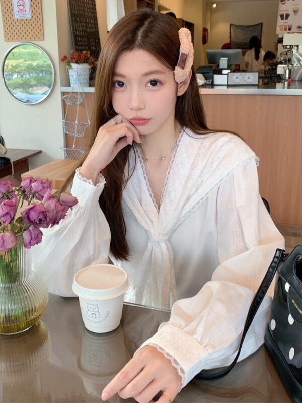 French Style White Shirt Women's Autum New Design Retro Lace Navy Collar Long-Sleeved Shirt