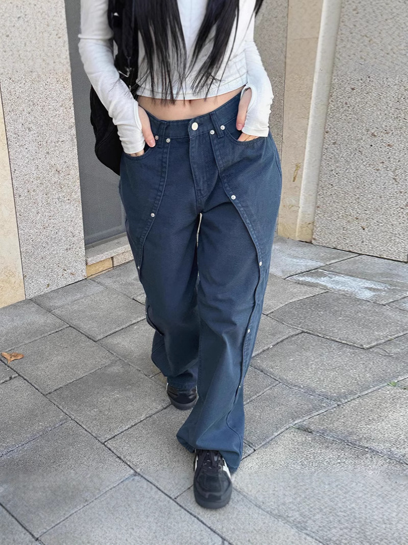 Estilo americano calle dulce y fresco diseño de remaches irregularmente sueltos jeans rectos moda femenina todo fósforo color sólido casual