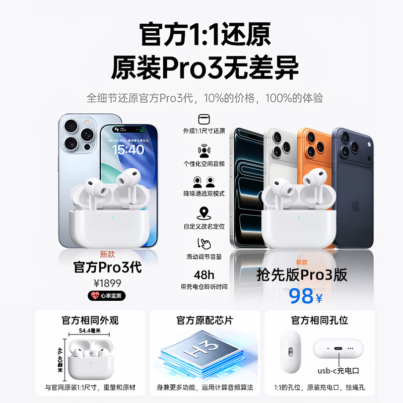 新款2025蓝牙耳机 华强北Pro3蓝牙耳机适用苹果原装主动降噪耳机|undefined