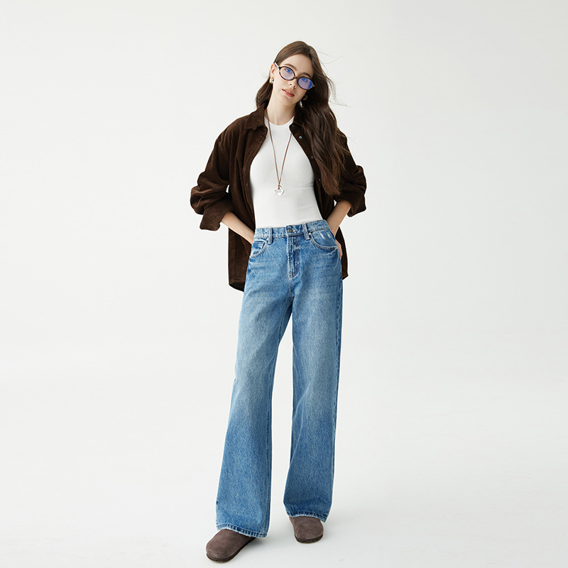 Shilin 2026 Four-Season High-End Women's Loose-Fitting Jeans, High-Waisted Cropped Pants, Floor-Length Straight-Leg Pants