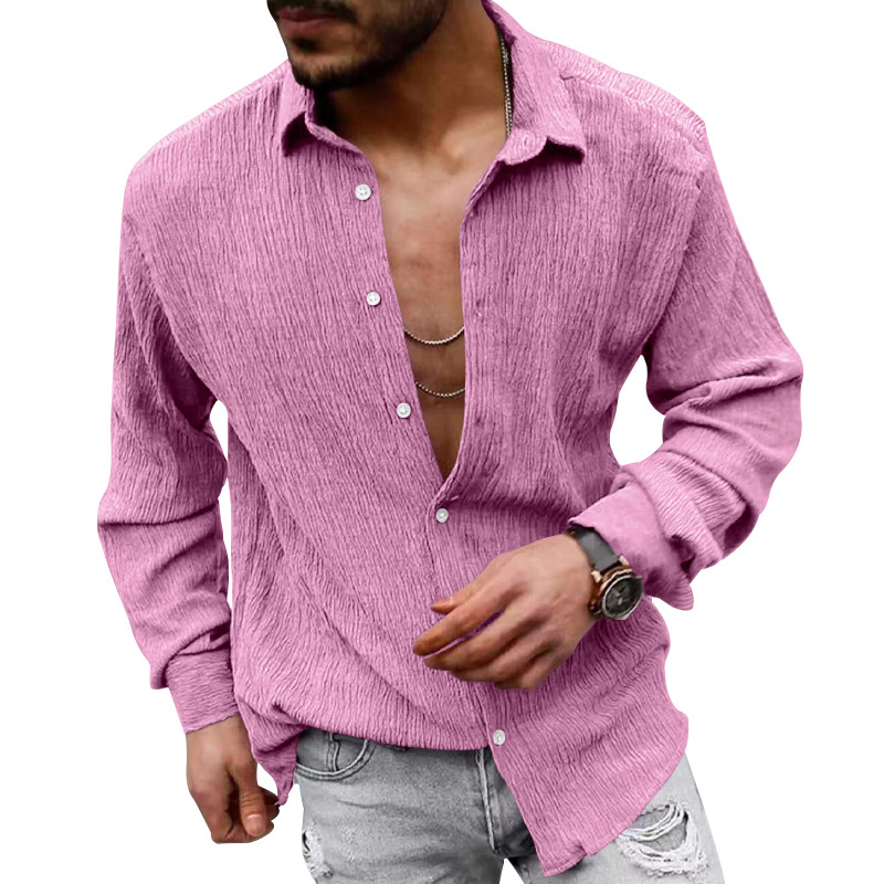 2023 Amazon camisa de manga larga de los hombres de primavera y otoño suelta más tamaño de la burbuja de tela de color sólido solapa camisa casual hombres