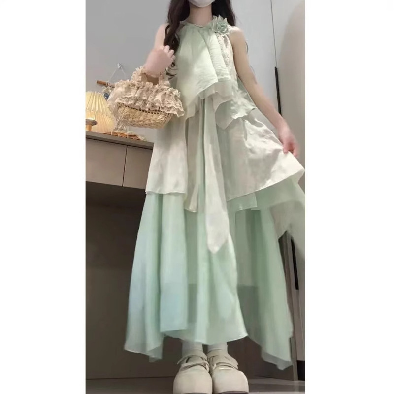 French Tea Break Petite V-Neck Green Dress for Women 2025 Summer New Style Waist-Cinching Gentle Style Princess Long Dress
