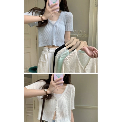 Ice silk knitted short-sleeved cardigan thin women's shawl summer with suspender skirt and sun protection blouse French waistcoat