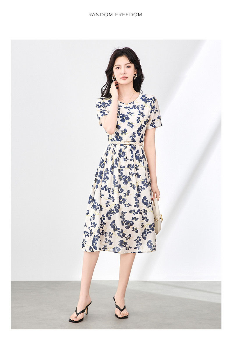 Váy maxi nữ tay ngắn thắt lưng chất liệu Tencel linen in họa tiết — Màu đen chi tiết 10