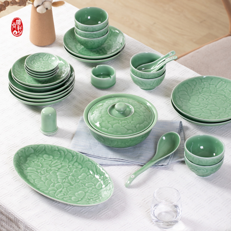 Longquan Celadon Tableware suit Household Hotel Supplies Lily Pattern Bowl Seven-inch Plate Soup Bowl Fish Plate Ashtray Soup Spoon