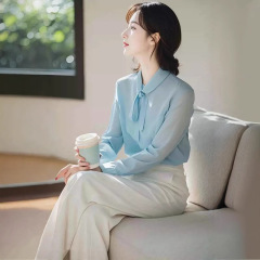 秋季新款韩风chic冷淡系独特别致蓝色衬衫裤子两件休闲职业女套装
