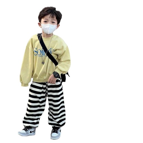 Set of 2: Young Boys Spring & Autumn Hoodie + Striped Wide Leg Pants, Loose Long-Sleeve Hoodie and Striped Pants for Children