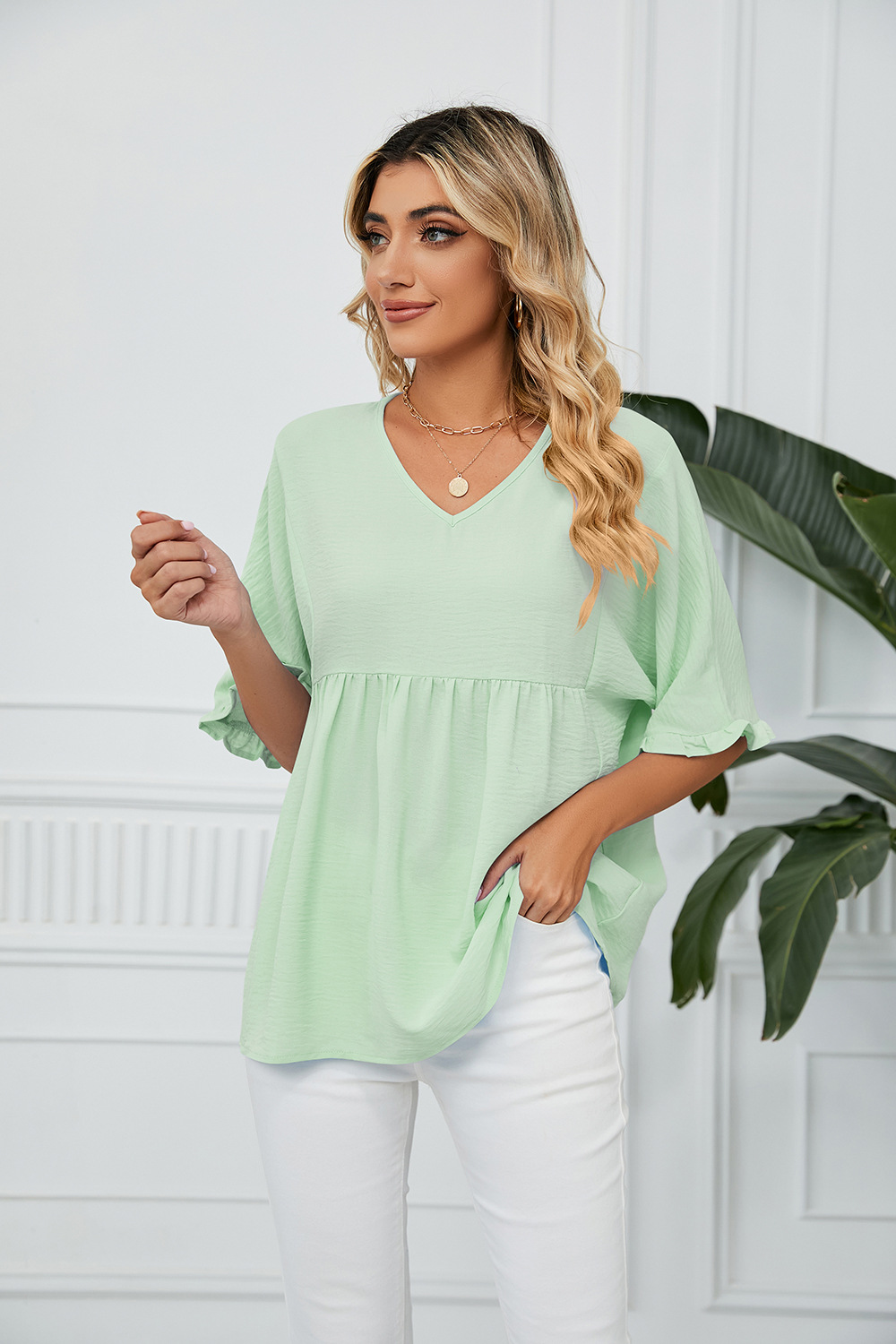 Women's Blouse Half Sleeve T-shirts Lettuce Trim Fashion Solid Color display picture 22