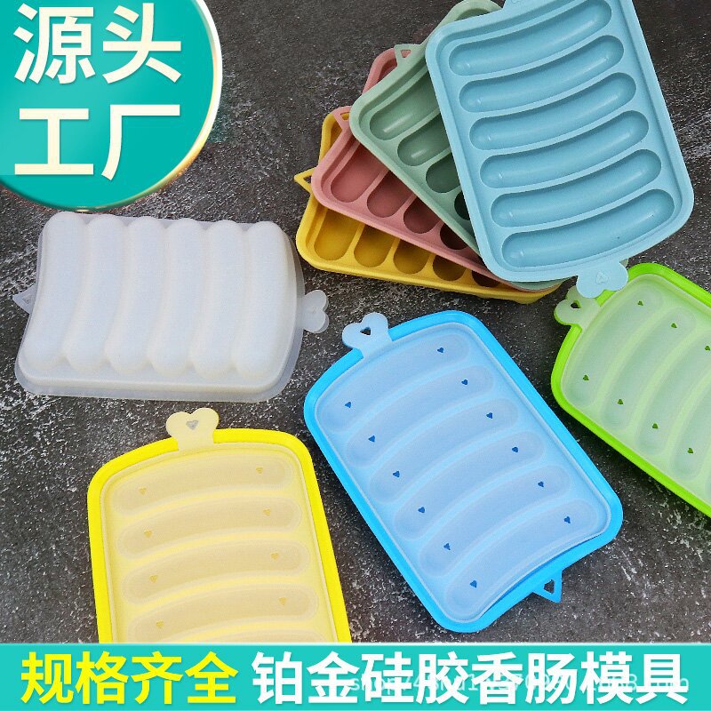 Fuente de fábrica de 6 piezas de silicona molde de salchicha con tapa herramientas de suplemento de alimentos para bebés al vapor molde de salchicha casera