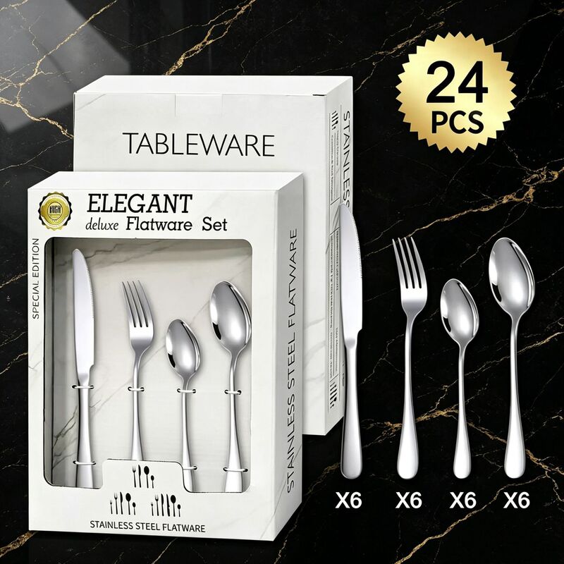 Cross-border stainless steel cutlery 1010 knife, fork, and spoon set, 24-piece set, steak knife, fork, and spoon, western cutlery in a windowed gift box Cross-border stainless steel cutlery 1010 knife, fork, and spoon set, 24-piece set, steak knife, fork, and spoon, western cutlery in a windowed gift box