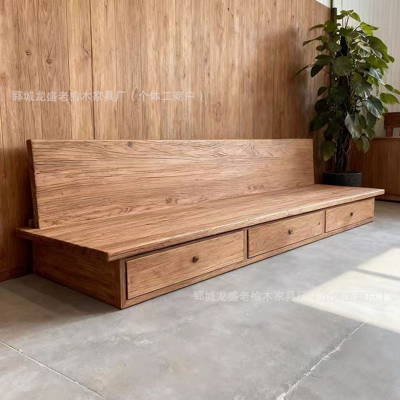 Wabi-sabi style old elm wood sofa for homestay, floor-standing straight row sofa set with drawers, solid wood tatami sofa chair