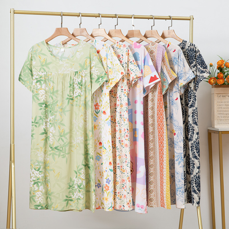 Cotton Silk Nightdress Women's Summer Thin Pajamas Home High-end Sense Printed Artificial Cotton Short-sleeved Cotton Silk Dress with plus size Cotton Silk Nightdress Women's Summer Thin Pajamas Home High-end Sense Printed Artificial Cotton Short-sleeved Cotton Silk Dress with plus size