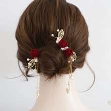 跨境玫瑰花新款花朵森系发梳超仙少女百搭气质新娘红色敬酒服头饰