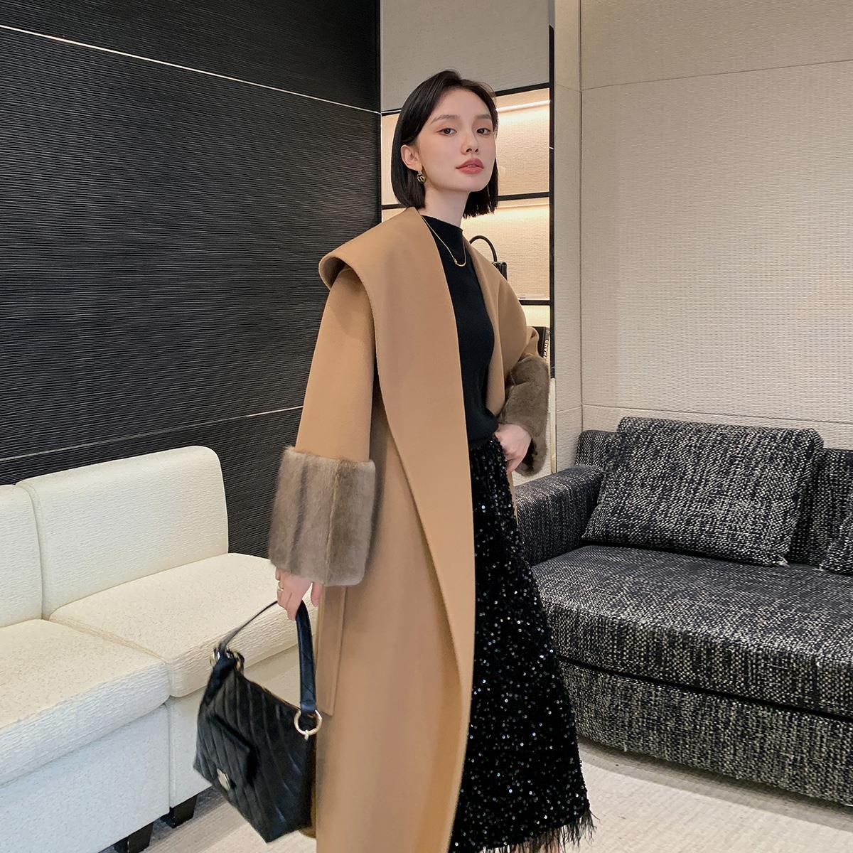 欧洲站秋冬新款高级感双面羊绒大衣长款大翻领毛呢外套女水貂毛袖