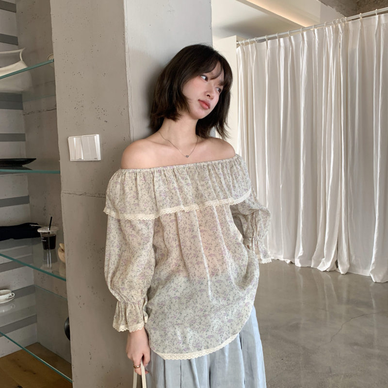 I Miss2026 Summer Gentle Korean Style One-Shoulder Lace Splicing Ramie Shirt for Women, Elegant and Versatile Top