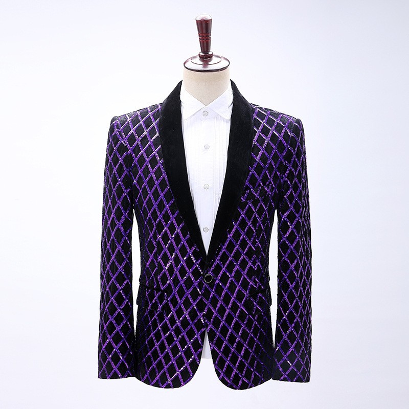 Men's youth purple Diamond lattice Sequined velvet concert stage performance solo event Dress suit nightclub bar host Singer Anchor jazz dance blazers for man