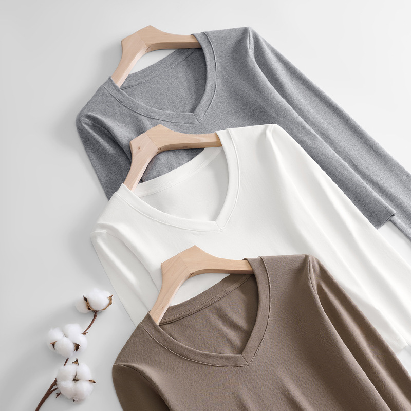 Solid Color V-Neck Right Shoulder Long-Sleeved T-Shirt for Women in Autumn and Winter New Sexy Slimming Look Casual Inner Wear for Girls Bottoming Tops