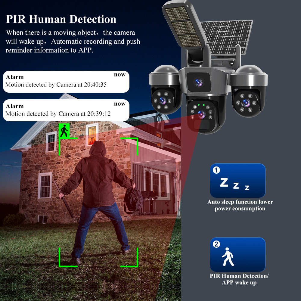 Comercio exterior transfronterizo V380pro solar HD triple lente 4G cámara de vigilancia de lámparas callejeras WiFi impermeable